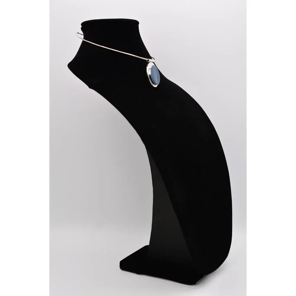 Vintage 925 Gemstone Necklace Blue Marbled Bezel Cabochon Sterling Silver Boho